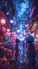 Vibrant Neon Lit Pastel Fantasy Market with Curious Magical Characters Conducting Business