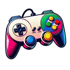 A colorful illustration of a video game controller or joystick
