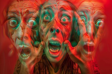 Psychedelic composition featuring distorted faces and twisted figures, conveying the disorienting sensation of fear and anxiety, dream-like effect,Concept photography, surrealism