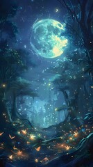 Moonlit Enchanted Grove Illuminated by Glowing Fairy Spells in the Darkness