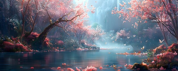 Mystical Riverside Enchanted by Ethereal Floral Spirits in a Serene Dreamlike Landscape - obrazy, fototapety, plakaty