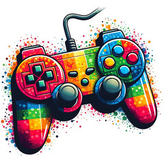 A colorful illustration of a video game controller or joystick