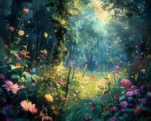 Obraz na płótnie Canvas Serene Pastel Flower Garden with Mysterious Glowing Blooms and Fairies in Twilight