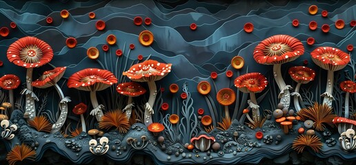 different types mushrooms display layered paper nautical scene princess masterful - obrazy, fototapety, plakaty