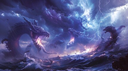 Colossal Mythical Creatures Emerging from Apocalyptic Storm at Turbulent Sea