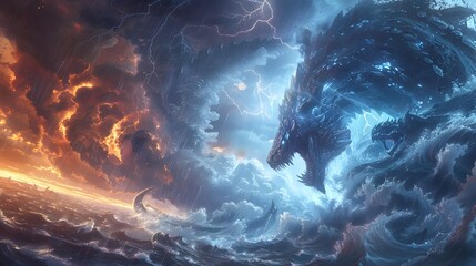 Monstrous Sea Creatures Emerging from Tumultuous Storms of Thunder and Tornadoes - obrazy, fototapety, plakaty