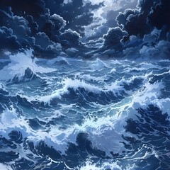 Tumultuous Seascape with Mythical Creatures and Swirling Tornadoes - obrazy, fototapety, plakaty