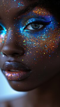 closeup woman face black girl breathtaking luminous color melting universe ebony skin unbelievably wow factor spatters fairy stunningly princess tan blue particles beauty campaign