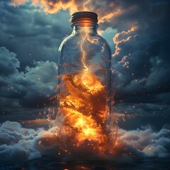 **Surrealist weather in the bottle, a huge tornado from the sky with turbulence clouds and scary lightning storm --s 750 --v 6.0 --style raw** -  - obrazy, fototapety, plakaty