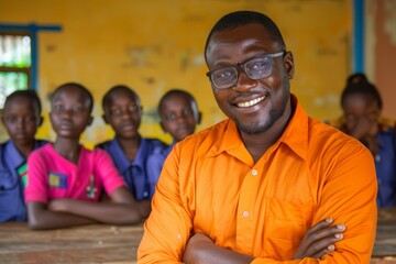 African school teacher with students in the background.