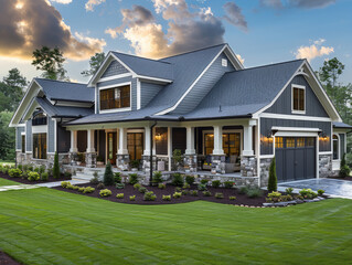 Create an exterior front view photo of single story large craftsman style home with dark blue and gray color scheme, green grass in yard. Created with Ai