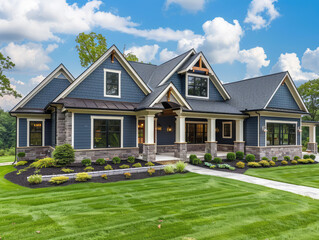 A photo of an modern farmhouse style home with navy blue accents, on the grassy yard in michigan. Created with Ai