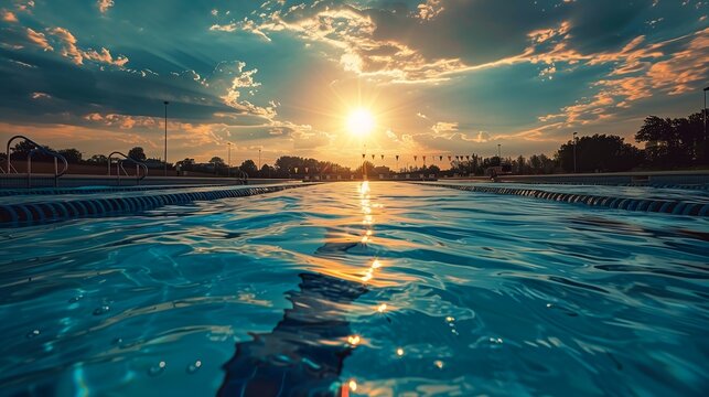 pool sun setting background low horizon olympic games summer morning light best liquid interface
