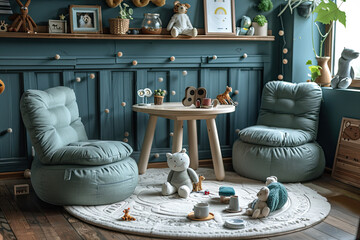 A whimsical children's room with an accent wall painted in rich teal, adorned with intricate leaf patterns and soft shadows that create the illusion of being outdoors. Created with Ai