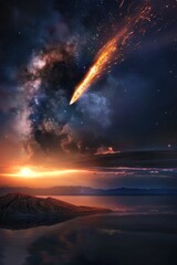 Fototapeta premium Burning comets and meteors streak across the sky, hurtling towards the Earth with fiery intensity, illuminating the darkness