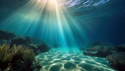 Fototapeta na wymiar 水中の景色、プリズム、太陽の光線が水に突き刺さる、青のグラデーション、穏やかな水中シーン、水中での光の拡散、海の深さ、静かで神秘的