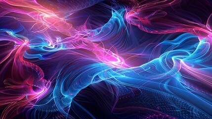 Fractal abstract designs in electric blues and neon pinks, depicting the complexity and beauty of digital algorithms.  - obrazy, fototapety, plakaty