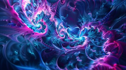 Fractal abstract designs in electric blues and neon pinks, depicting the complexity and beauty of digital algorithms. 
