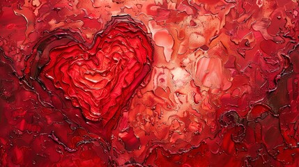 Layered abstract textures in varying shades of red, with hidden heart shapes, exploring the depth and complexity of love.