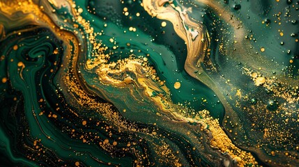 Glittering gold abstract textures against deep green, mimicking the elusive leprechaun's treasure. 