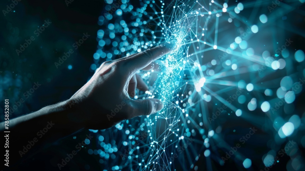 Poster businessman hand touching of digital data network transformation for next generation technology on c