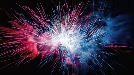 Bursting abstract fireworks in red, white, and blue, symbolizing celebration and national pride.  - obrazy, fototapety, plakaty