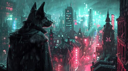 Title: Detective Dog Solving Mysteries in Neon-Lit Animal Metropolis - obrazy, fototapety, plakaty