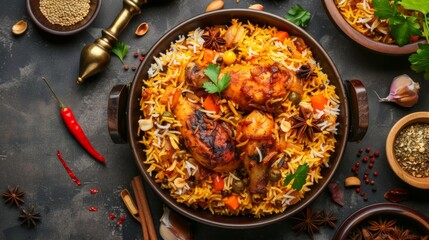 Chicken Biryani with rice and spices, Thai style. Top view.