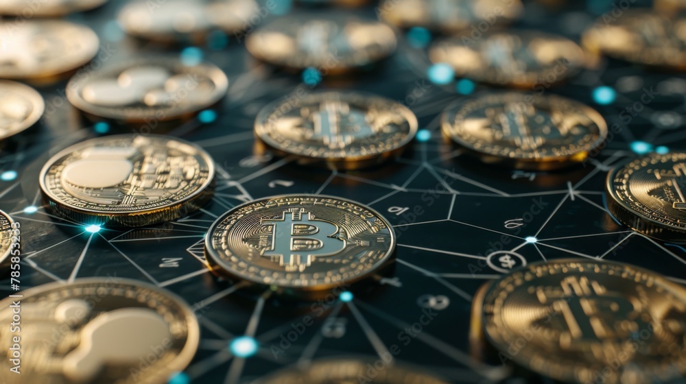 Poster coins are laid out in graph.business success concept wealth stock investment.business in the digital