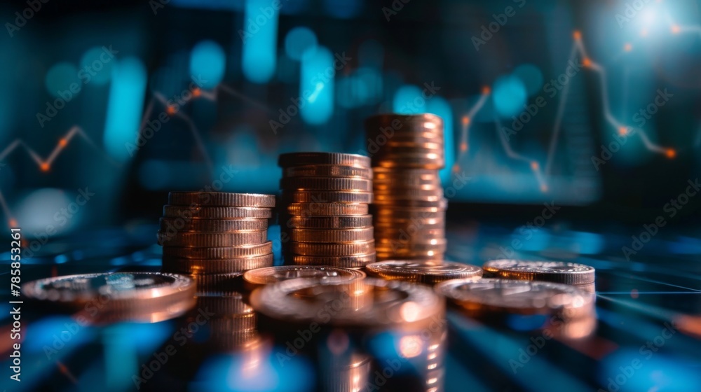 Poster coins are laid out in graph.business success concept wealth stock investment.business in the digital