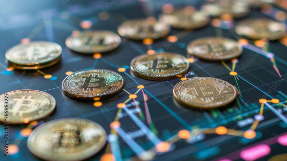 Poster coins are laid out in graph.business success concept wealth stock investment.business in the digital