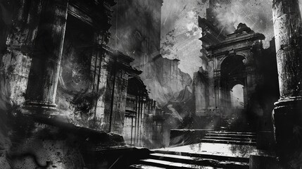 Stark, abstract contrasts with sharp angles in black and white, evoking ancient curses and haunted houses.
