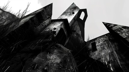 Stark, abstract contrasts with sharp angles in black and white, evoking ancient curses and haunted houses. 