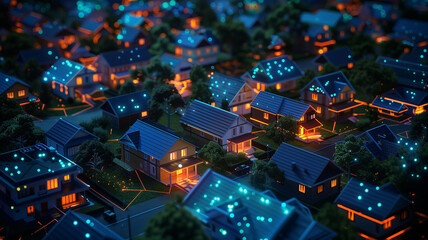 A cityscape with houses lit up in blue and green lights - obrazy, fototapety, plakaty