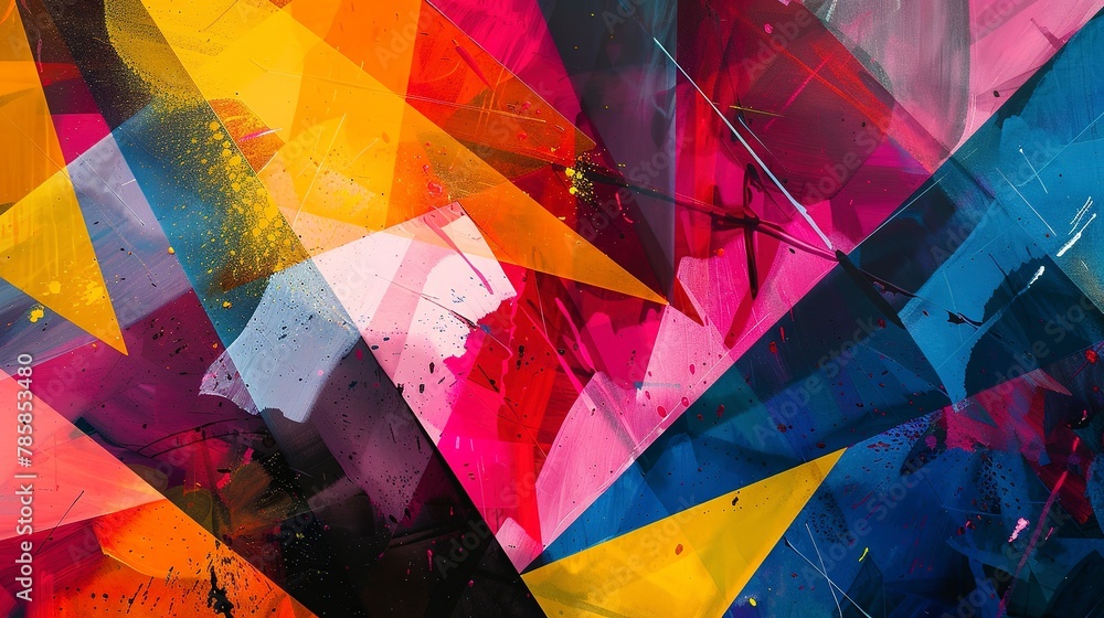 Poster geometric abstract patterns with bursts of color, representing new opportunities and beginnings.