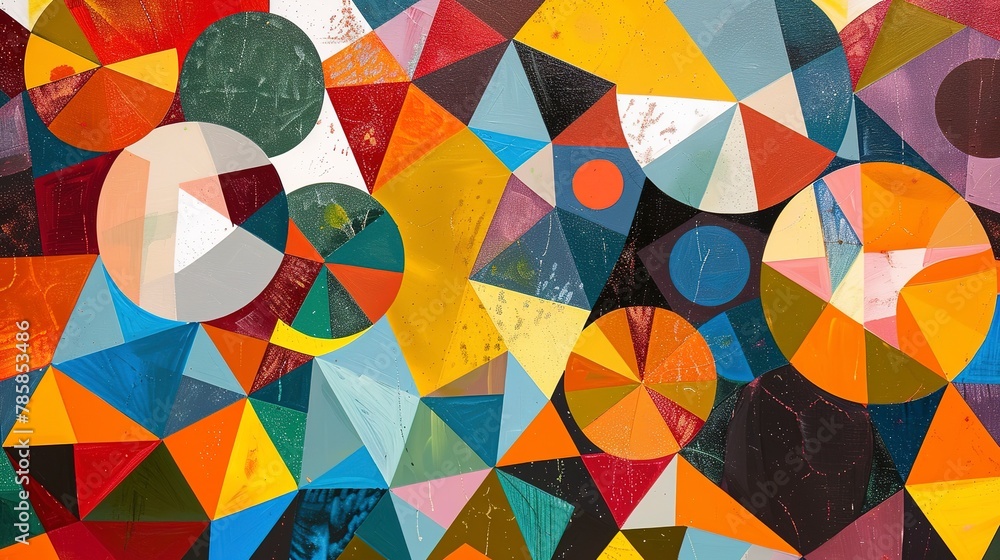 Poster geometric abstract patterns with bursts of color, representing new opportunities and beginnings.