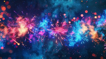 Abstract fireworks bursting in vibrant colors against a midnight blue, symbolizing celebration. - obrazy, fototapety, plakaty
