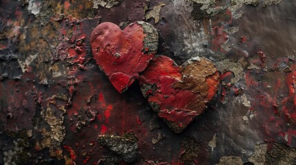 Abstract heart shapes merging with natural textures, representing unconditional love and strength.  - obrazy, fototapety, plakaty
