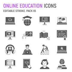 Online education glyph icon set, e-learning collection, vector graphics, logo illustrations, distance learning vector icons, online study signs, solid pictograms, editable stroke