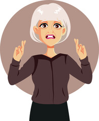 Superstitious Senior Woman Holding Fingers Crossed Vector Character. Granny trusting in wired believes due to superstition 
