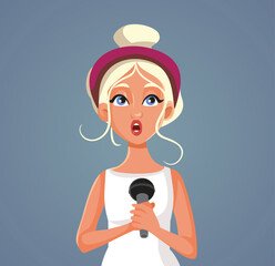 Funny Woman Holding a Microphone Singing a Song vector Illustration. Skillful talented singer performing on stage for a concert 
