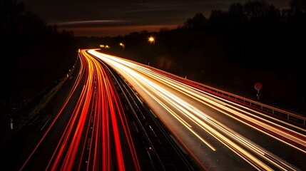 A long exposure photo of the lights on a highway at night, creating streaks and patterns in red, white, and yellow lights, with a dark background, showcasing motion and speed.  