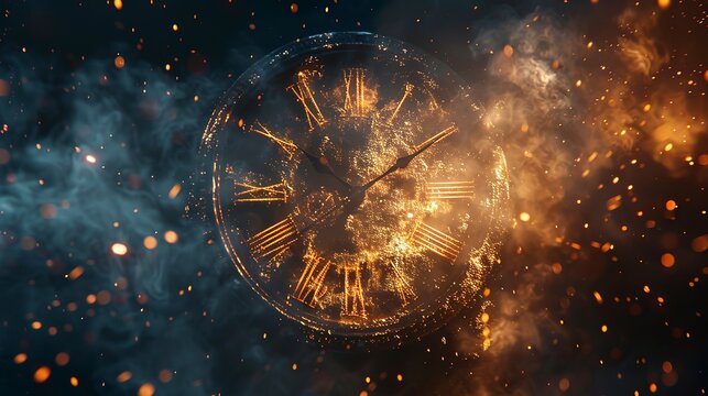 Abstract clock at midnight, blending into fireworks, symbolizing the moment of celebration. 