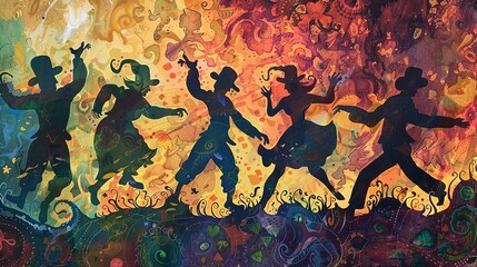 Whimsical abstract patterns of dancing leprechauns' silhouettes, celebrating Irish myths. 