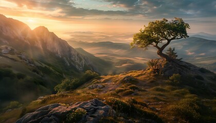 lone tree mountain top valley background sunbeams lenses apple scenery oak trees young backdrop dawn