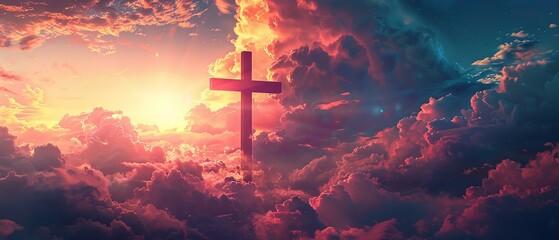 Sacred cross standing against the dynamic skies of revelation