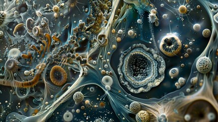 A microscopic landscape filled with nematodes of varying sizes and shapes resembling a bustling city with different organisms going - obrazy, fototapety, plakaty