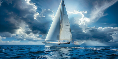 A sailboat is sailing on the ocean with a blue sky and clouds in the background. generative ai