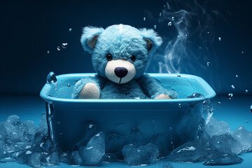 A plush teddy bear sitting in a tub surrounded by melting ice