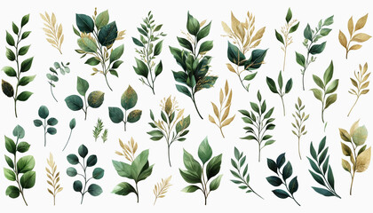 A watercolor floral illustration set featuring green and gold leaf branches, ideal for use in wedding stationary, greeting card design, wallpapers, fashion - obrazy, fototapety, plakaty